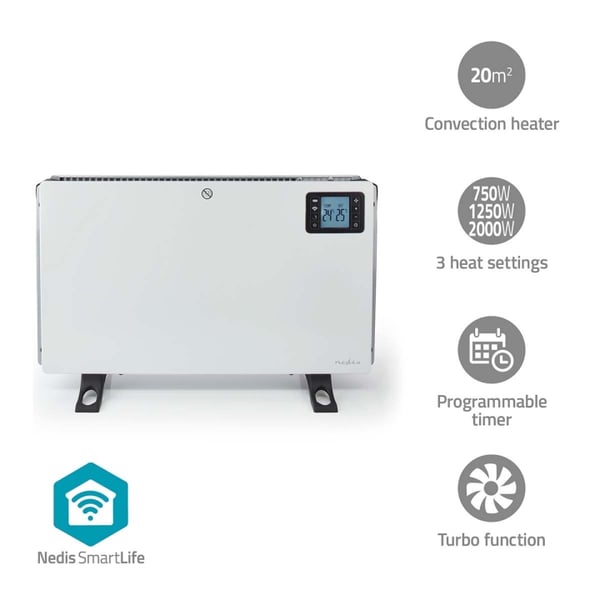 Nedis SmartLife Konveksjon Varmeapparat | 2000 W | 3 Varmeinnstillinger | LCD | 5 - 37 °C | Justerbar termostat | Hvit