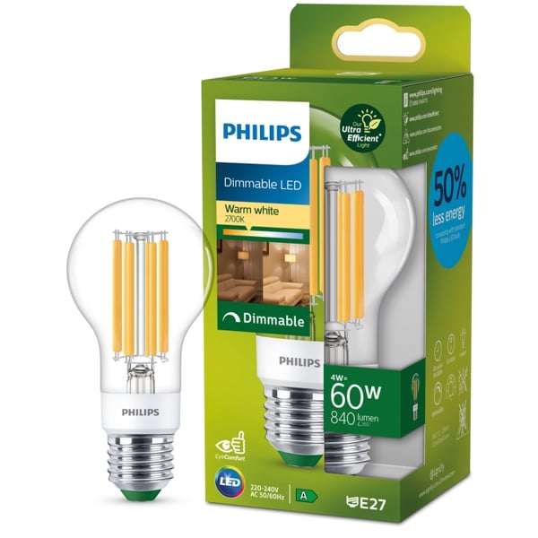 Philips LED E27 Normal 4W (60W) Klar Dimbar 840lm 2700K Energiklasse A