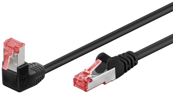 Goobay CAT 6-koblingskabel, 1x 90° vinklet, S/FTP (PiMF), svart, 5 m kobberleder (CU), halogenfri kabelmantel (LSZH), snaplås på toppen