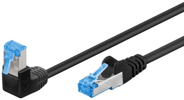 Goobay Patchkabel CAT 6A, 1x 90° vinklad, S/FTP (PiMF), svart, 2 m kopparledare (CU), halogenfri kabelhölje (LSZH), snäpplås på toppen