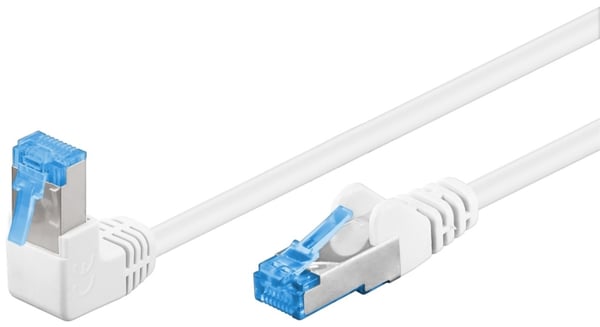 Goobay Netværkskabel CAT 6A vinklet 1x 90°, S/FTP (PiMF), hvid, 0,25 m kobberleder (CU), halogenfri kabelkappe (LSZH), snaplås på toppen