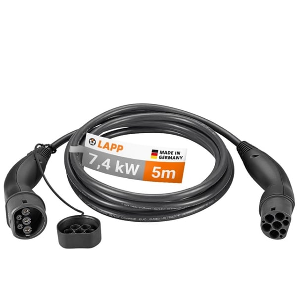 LAPP MOBILITY Ladekabel Type 2, opptil 7,4 kW, 5 m, svart (5555934002) 32 A, 1-faset, for lading av hybrid- og elbiler med Type 2-tilkobling