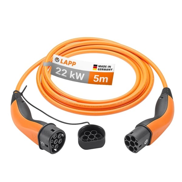 LAPP MOBILITY Ladekabel Type 2, opptil 22 kW, 5 m, oransje (5555934027) 32 A, 3-faset, for lading av hybrid- og elbiler med Type 2-tilkobling