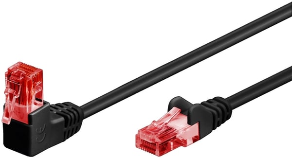 Goobay Netværkskabel CAT 6 vinklet 1x 90°, U/UTP, sort kobberbeklædt aluminiumleder (CCA), snaplås på toppen, 0.25 m