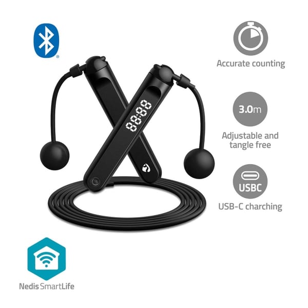 Nedis SmartLife hoppetau | Bluetooth® | Dobbel Hall-sensor | LED | PVC | 3.00 m | Snøreveske / Trådløse baller | Sort
