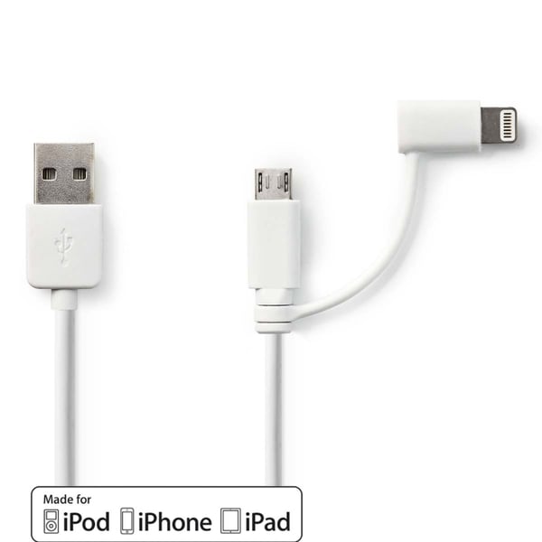 Nedis 2 i 1 kabel | USB 2.0 | USB-A Han | Apple Lightning 8-pin / USB Micro-B han | 480 Mbps | 1.00 m | Nikkelplateret | Runde | PVC | Hvid | Plastikp