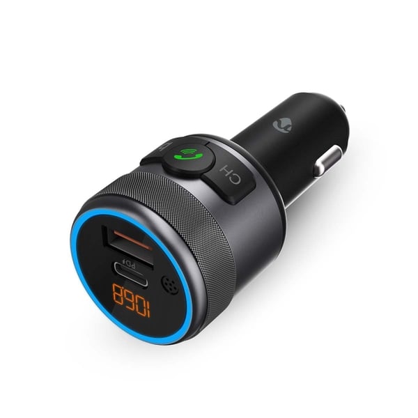 Nedis Bilstereo FM-sender | Fort | Høyttalertelefon | 1.00 " | Gul skjerm | Bluetooth® | PD 18 W / PD 24 W | Rask lading | Bass boost | Google Assista