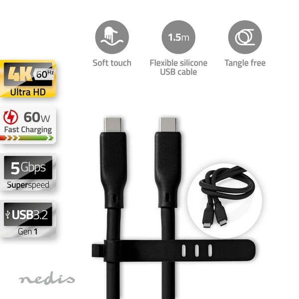 Nedis USB-kabel | USB 3.2 Gen 1 | USB-C™ Han | USB-C™ Han | 60 W | 4K@60Hz | 5 Gbps | Nikkelplateret | 1.50 m | Runde | Silikone | Sort | Box