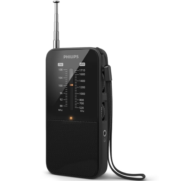 Philips Batteri-driven fick-radio med inbyggd högtalare. Analog FM/MW tuner