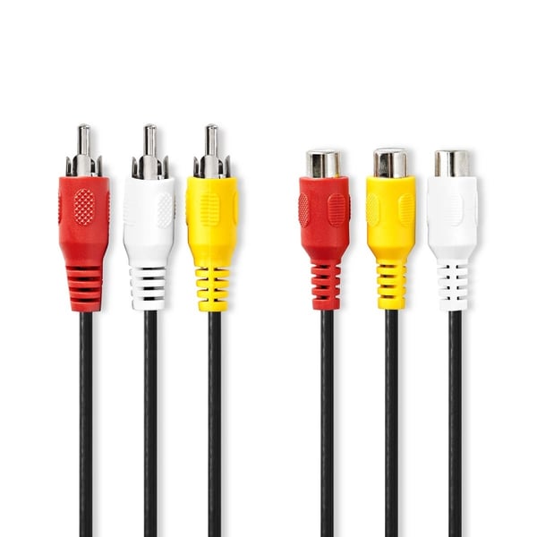 Nedis Kompositt videokabel | 3x RCA Han | 3x RCA Hunn | Nikkel belagt | 480p | 2.00 m | Rund | PVC | Sort | Label