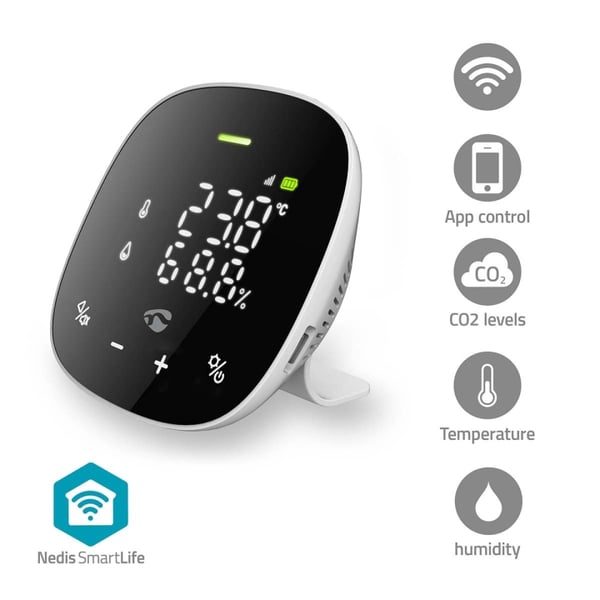 Nedis SmartLife-luftkvalitetsmåler | Wi-Fi | Vis | Fugtighed / Kuldioxid (CO2) / Temperatur | Android™ / IOS | Hvid / Sort Nedis SmartLife-luftkvalitetsmåler | Wi-Fi | Vis | Fugtighed / Kuldioxid (CO2) / Temperatur | Android™ / IOS | Hvid / Sort