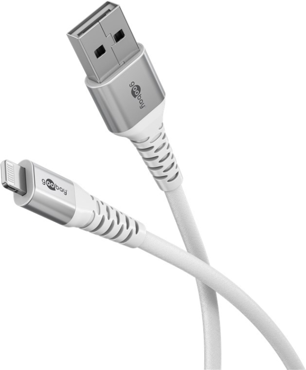 Goobay Lightning-USB-A supermyk tekstilkabel med metallkontakter, 1 m, hvit MFi-sertifisert, elegant og ekstra robust lade- og synkroniseringskabel fo