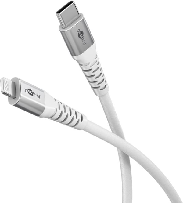 Goobay Lightning-USB-C™ supermyk tekstilkabel med metallkontakter, 2 m, hvit MFi-sertifisert, elegant og ekstra robust lade- og synkroniseringskabel f