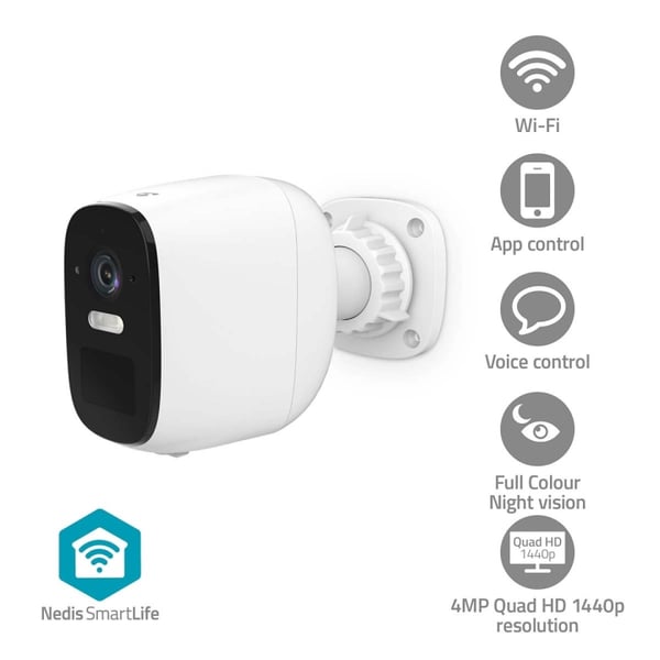 Nedis SmartLife Utendørs kamera | Søkelys | 4MP Quad HD 1440p / 2560x1440 | IP66 | Maks. batteri levetid: 10 Måned | Cloud Storage (valgfritt) / micro