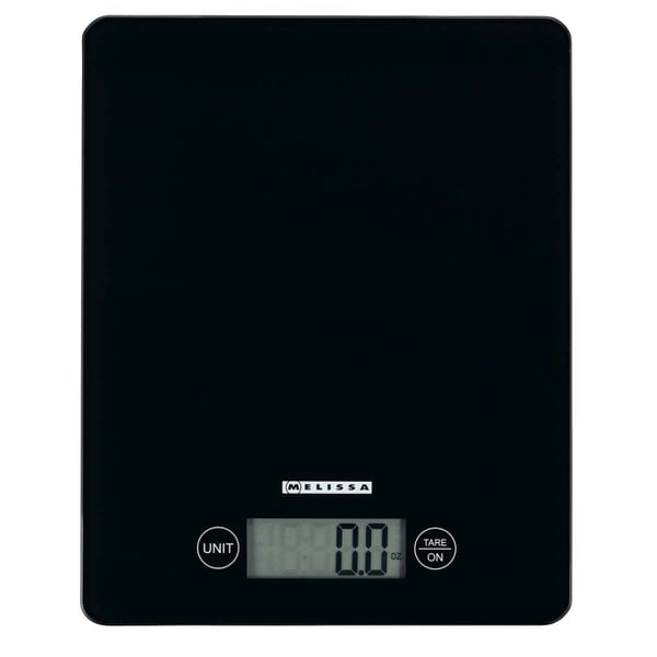 MELISSA Digital køkkenvægt | Hærdet glas | LCD-display | Maks. 5 kg | Tara-funktion | 1 grams intervaller | Gram / Ounce / Pund / Milliliter | Sort