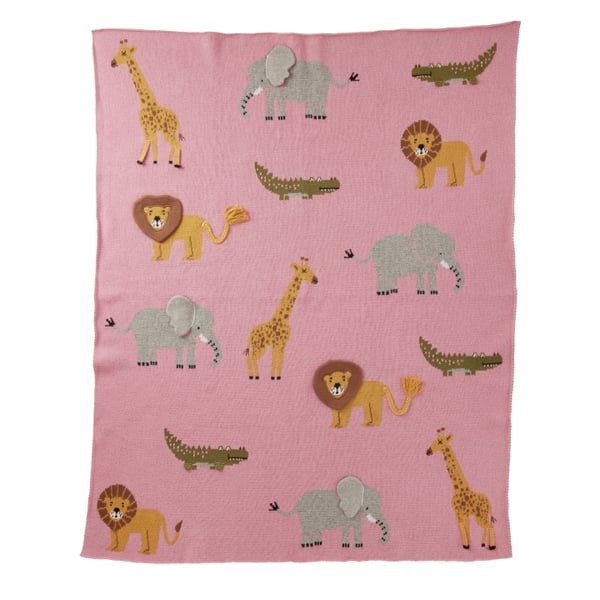 RICE Strikket babyteppe med dyr og 3D-detaljer - Rosa