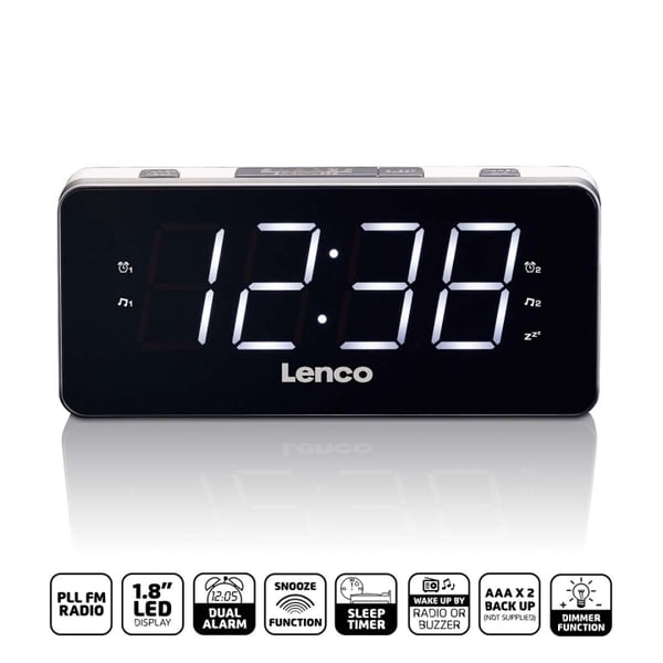 Lenco PLL FM Alarm Clock Radio stor og tydelig 1,8" LED-skærm Hvid