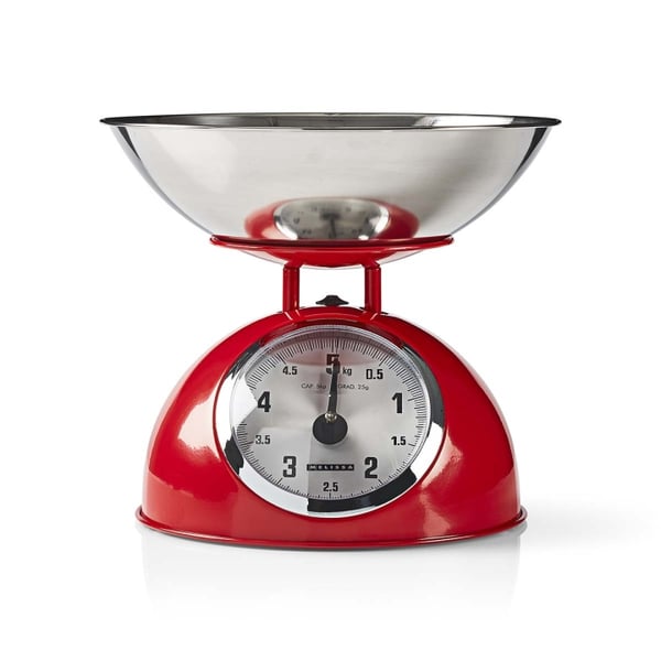 MELISSA Retro køkkenvægt | analog | aftagelig skål | maks. 5 kg | 25 grams intervaller | Rød