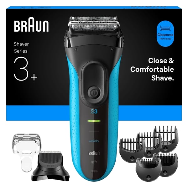Braun Series 3+ elektrisk barbermaskin med skjeggtrimmertilbehør, våt- og tørrbarbering - 3010BT - Blå