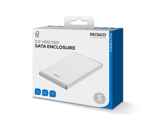 DELTACO eksternt kabinett for 1x2,5 SATA 6Gb/s-harddisk, USB3, sølv
