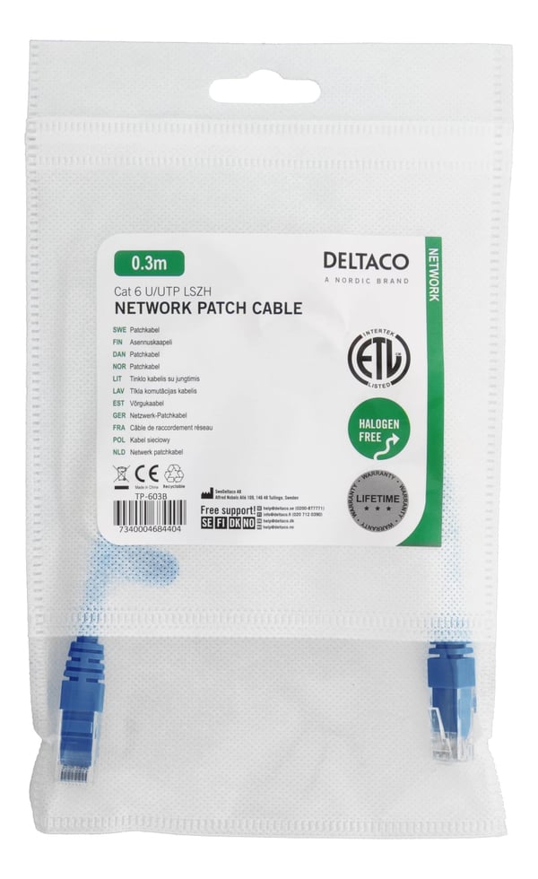 DELTACO U/UTP Cat6 laitekaapeli, LSZH, 0,3m, sininen