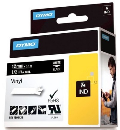 DYMO Rhino Professional, 12mm, merkbar vinylteip,hvit tekst svart teip