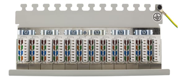 DELTACO Kretspanel, 12xRJ45, Cat6a, veggmonterbart, 10Gbps, grå