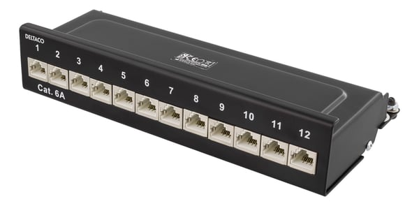 DELTACO Kretspanel, 12xRJ45, Cat6a, veggmonterbart, 10Gbps, svart