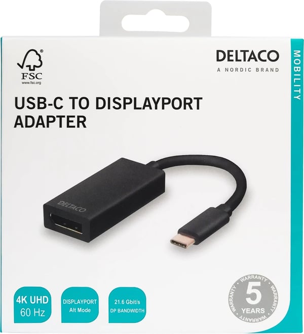 DELTACO sovitin USB 3.1 - DisplayPort, USB Type C  - DP naaras, musta