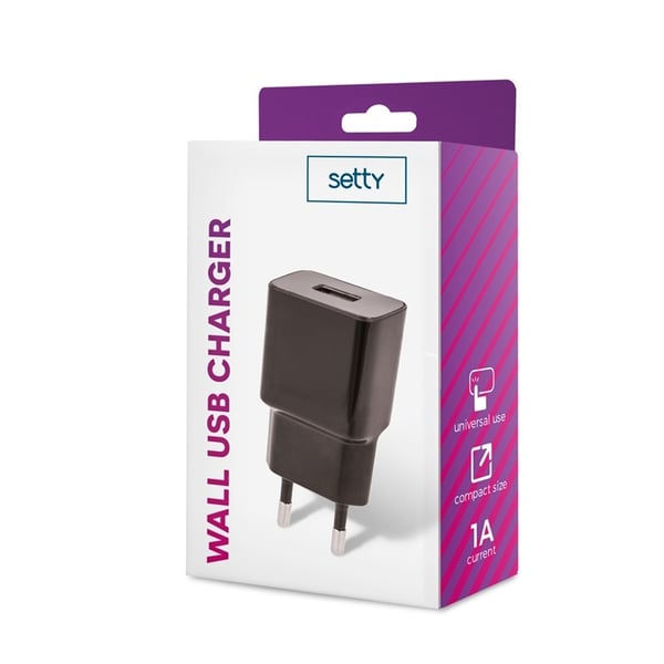 Setty USB-vægoplader, 1A, sort