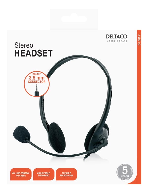DELTACO Stereoheadset, 30 mm element, 3,5 mm minikabel (4-pinners), svart