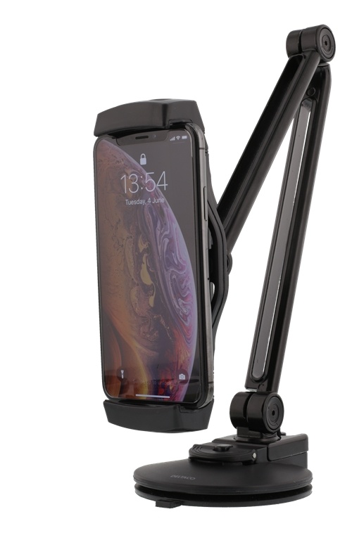 DELTACO 2-in-1 smartphone/tablet stand, suction cup, clamp, black