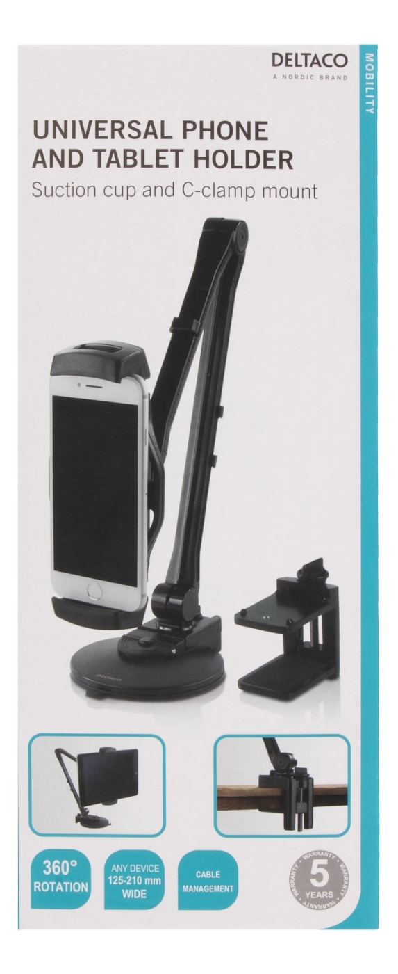 DELTACO 2-in-1 smartphone/tablet stand, suction cup, clamp, black