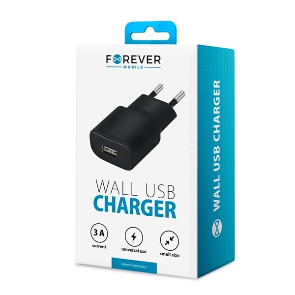 Forever-seinälaturi USB-A, 3A, musta