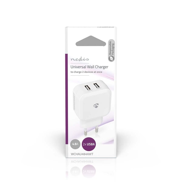 Nedis Vægoplader | 24 W | 2x 2.4 A A | Antal output: 2 | 2x USB-A | Uden Kabel | Single Voltage Output | Hvid
