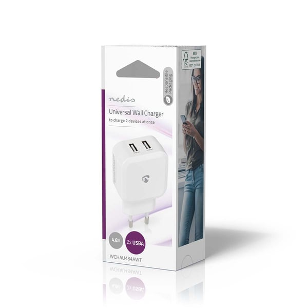 Nedis Vægoplader | 24 W | 2x 2.4 A A | Antal output: 2 | 2x USB-A | Uden Kabel | Single Voltage Output | Hvid