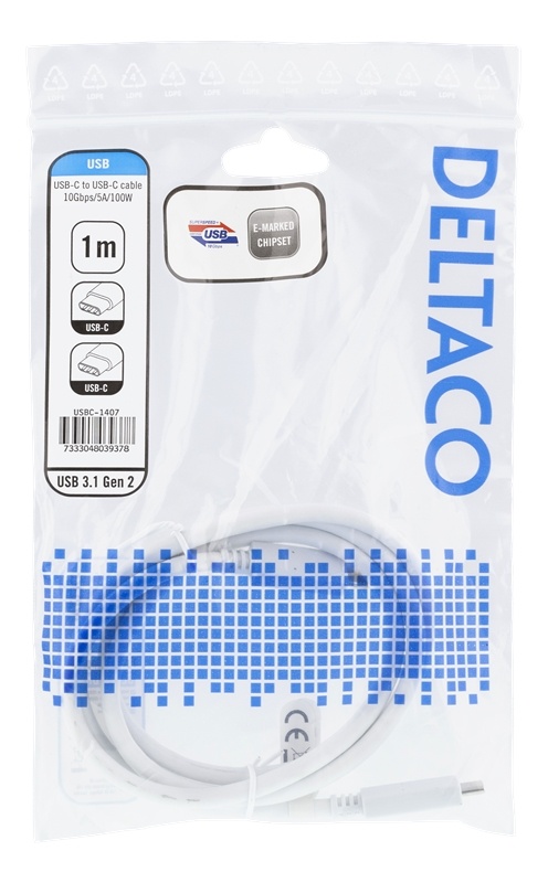 DELTACO USB-C til USB-C-kabel, 1 m, 10 Gbps, 100 W 5A, USB 3.1 Gen 2, E-merket
