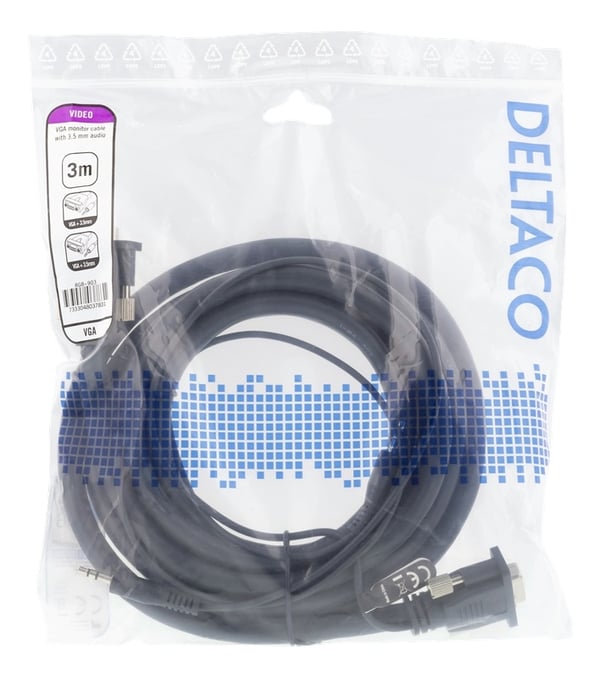 DELTACO skjermkabel HD15ha-ha, 3m, 1920x1200 i 60Hz, med 3,5mm lj