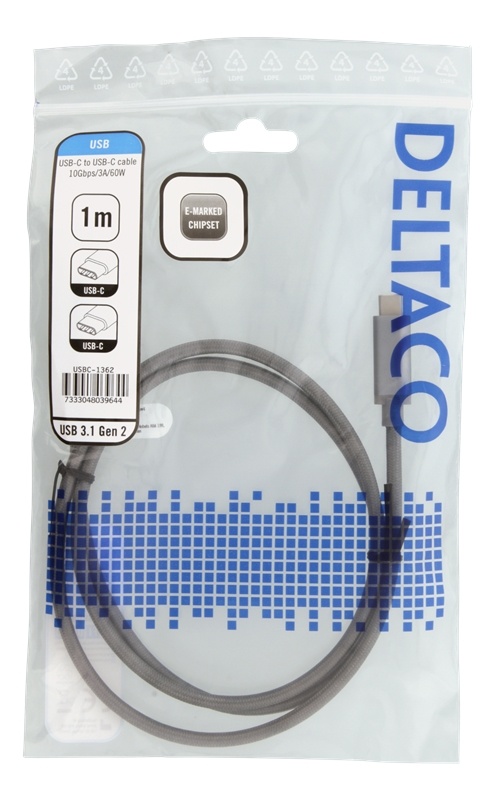 DELTACO USB-C-kaapeli, 1m, 60W USB PD, 10Gbps, harmaa