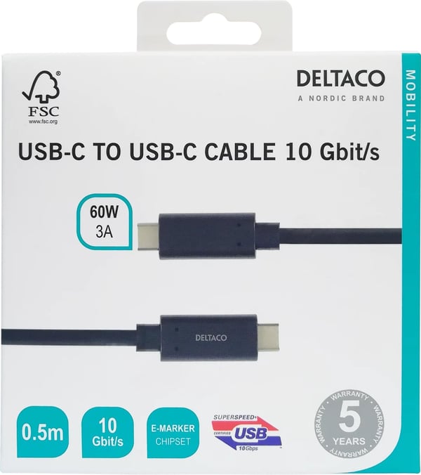 DELTACO USB-C-kaapeli, 0,5m, 60W USB PD, 10Gbps, musta