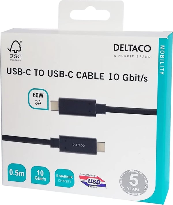 DELTACO USB-C-kaapeli, 0,5m, 60W USB PD, 10Gbps, musta