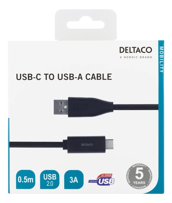 DELTACO USB-C til USB-A-kabel, 0,5 m, 3A, USB 2.0, svart