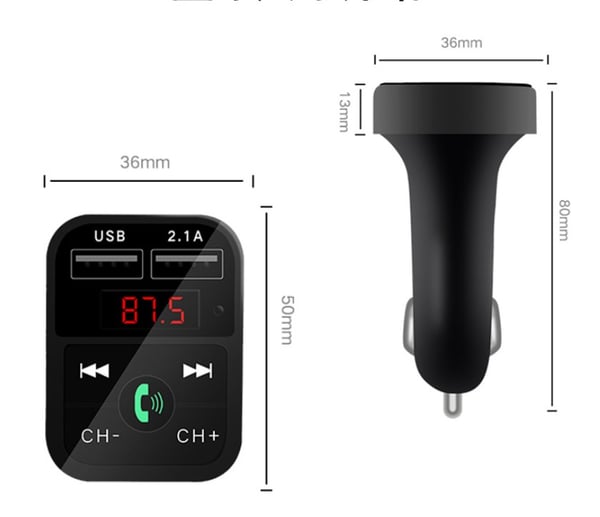 2-i-1 FM-sender med dobbelt USB-stik, display og knapper, Sort