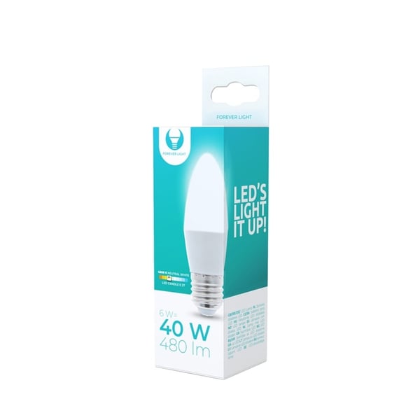 LED-lampe E27, C37, 6W, 4500K, hvit nøytral