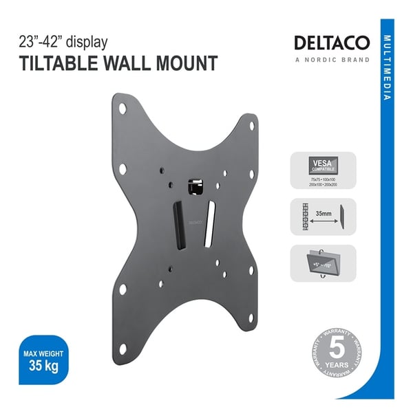 DELTACO näytön seinäkiinnike, kallistus, 23"-42", 35kg, 75x75-200x200