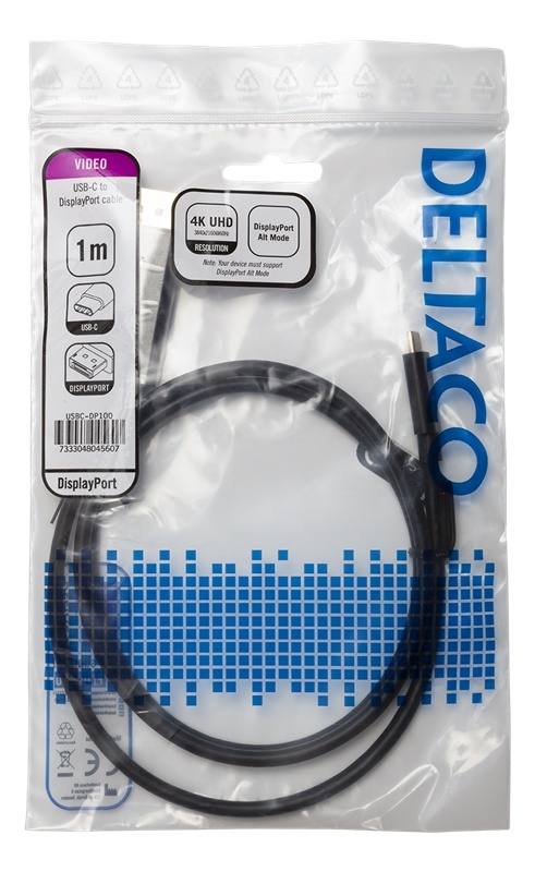 DELTACO USB-C - DisplayPort-kaapeli, 1m, 4K 60Hz, musta