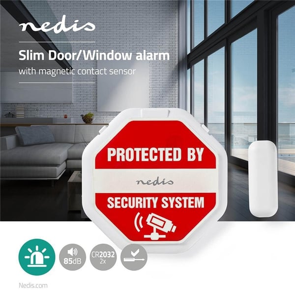 Nedis Dør- og vindusalarm med sirene | Magnetisk sensor | Batteri drevet | 2x CR2032 | 85 dB | Hvit