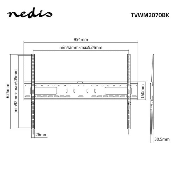 Nedis Fast TV Veggfeste | 60 - 100 " | Maximum skjerm vekt: 75 kg | Minimum vegg avstand: 30.5 mm | Metall / Stål | Sort