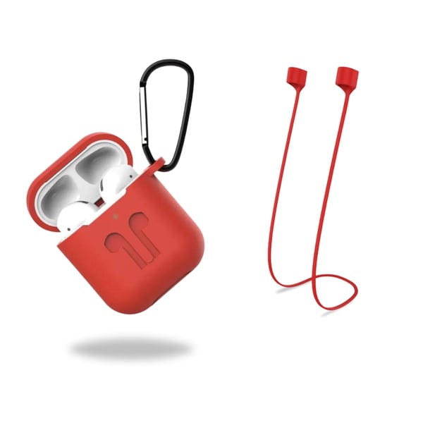 Beskyttelsesetui i silikon med hodetelefonstropp og anheng for Apple Airpods, rød