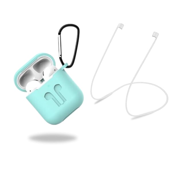 Beskyttelsesetui i silikon med hodetelefonstropp og anheng til Apple Airpods, turkisgrønn